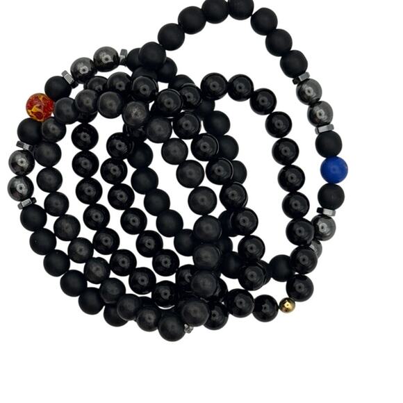 Glass, Shungite, Hematite Five Bracelet Set black, Orange, Blue Stacking Stretch - Picture 3 of 8